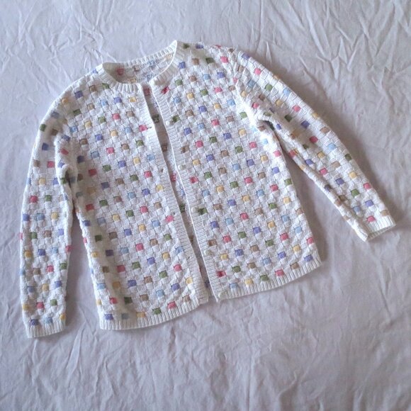 Nordstrom Cotton Ramie White Pastel Squares Geometric Intarsia Knit Cardigan - Picture 6 of 7